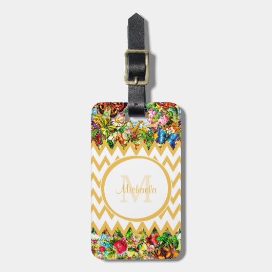 Mod Yellow Chevron  Floral Monogrammatica Name Bagagelabel (Voorkant verticaal)