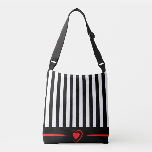 Mod zwarte & witte strepen met helder rood hart crossbody tas (Voorkant)