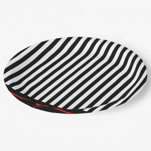 Mod zwarte & witte strepen met helder rood hart papieren bordje (Gekanteld)