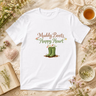 Modderige Laarzen, Cottagecore met Gelukkig Hart T-shirt