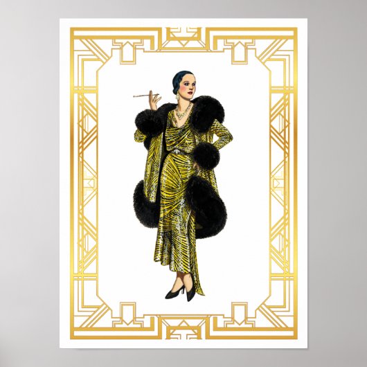 Mode 20s Flapper Fur Kaap Evening Gown Poster (Voorkant)