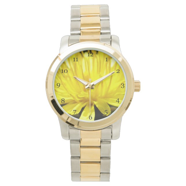 Mode afbeelding met geel andelionbloemmacro horloge (Voorkant)
