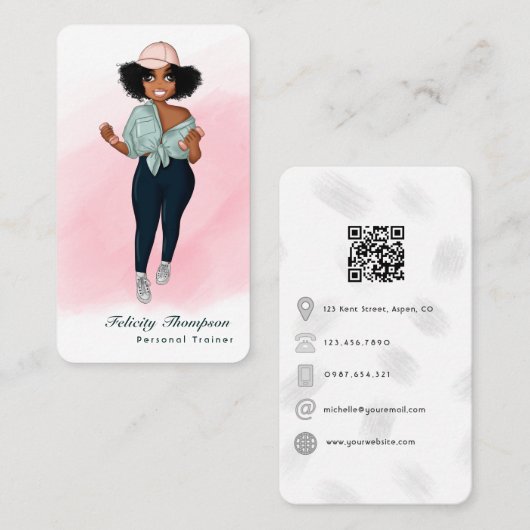 Mode Afro fitnessinstructrice QR-code Visitekaartje (Voorkant / Achterkant)