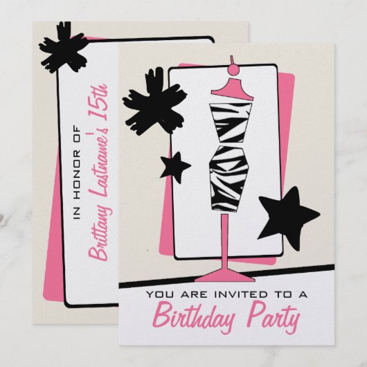 Mode Birthday Party - Zebra Print Dress Form Kaart (Voorkant / Achterkant)