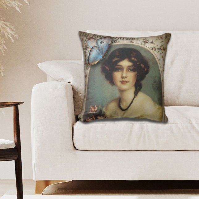  mode Bloemenvlinder Victoriaans vrouw Kussen (vintage floral butterfly parisian victorian throw pillow)