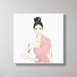 Mode blonde meisje in de bloemetjesjurk canvas afdruk