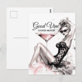 Mode blonde meisje in luipaard met glas wijnstokke briefkaart (Voorkant / Achterkant)