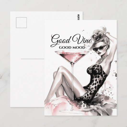 Mode blonde meisje in luipaard met glas wijnstokke briefkaart (Voorkant / Achterkant)