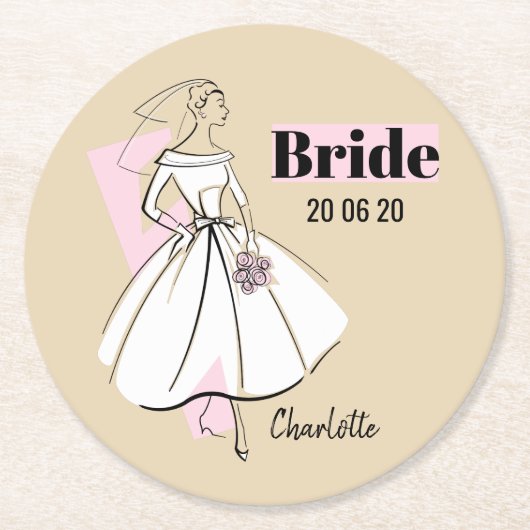 Mode Bride Neutrale Bride Datum Naam Rond Ronde Kartonnen Onderzetter (Voorkant)