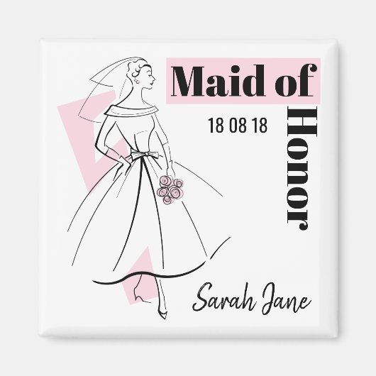 Mode Bride Pink Maid of Honor Date Name square Magneet (Voorkant)