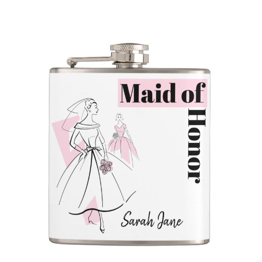 Mode Bride Pink Maid of Honor Name flask Heupfles (Voorkant)