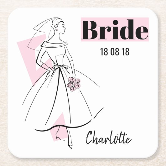 Mode Bride Roze Bride Datum Naam onderzetter (Voorkant)