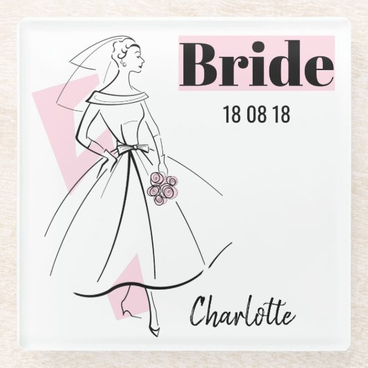 Mode Bride Roze Bride Datum Naam onderzetter glas (Voorkant)