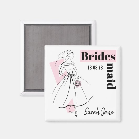 Mode Bride Roze Bridesmaid Datum Naam vierkant Magneet (Voorkant / Achterkant)