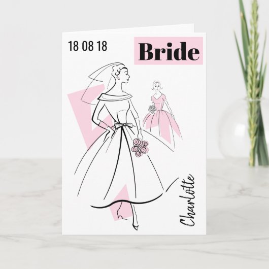 Mode Bride Roze Naam Datum greetcard Kaart (Voorkant)