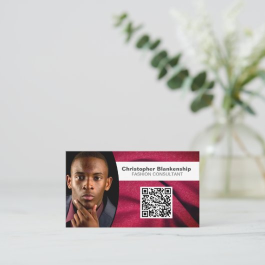 Mode Burgundy Fabric Custom Photo QR Code Visitekaartje (Staand voorkant)