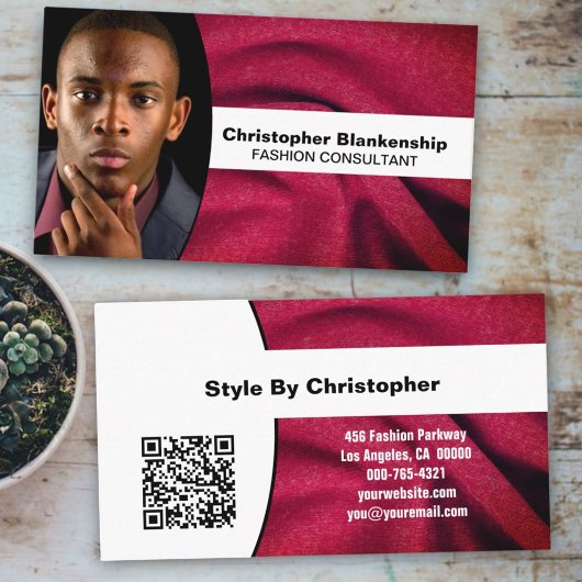 Mode Consultant Burgundy Fabric Photo QR Code Visitekaartje