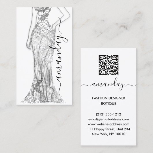 Mode Designer Dress Logo QR Code Silver Lace Visitekaartje (Voorkant / Achterkant)