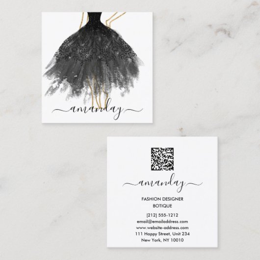 Mode Designer Glitter Dress Logo QR Black Gold Vierkante Visitekaartje (Voorkant / Achterkant)