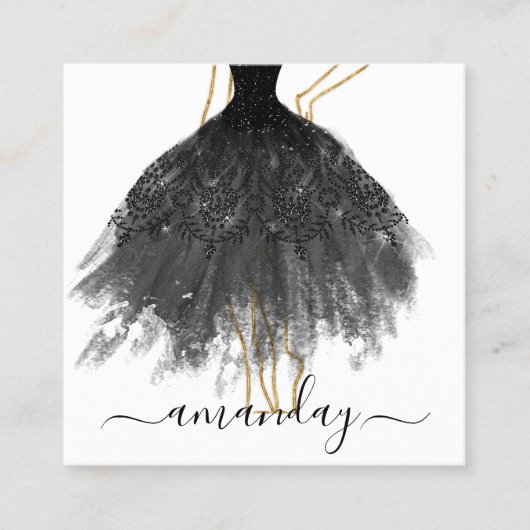 Mode Designer Glitter Dress Logo QR Black Gold Vierkante Visitekaartje (Voorkant)