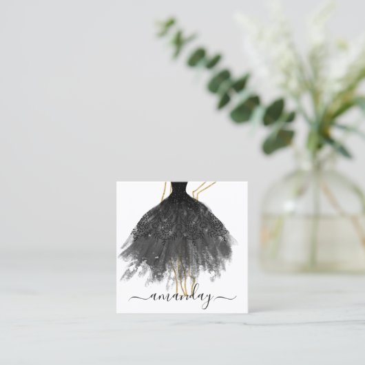 Mode Designer Glitter Dress Logo QR Black Gold Vierkante Visitekaartje (Staand voorkant)