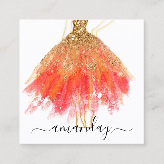 Mode Designer Glitter Dress Logo QR Red Gold Vierkante Visitekaartje (Voorkant)