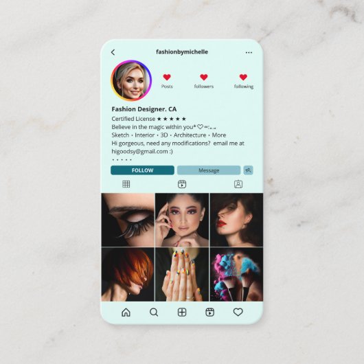 Mode Designer Instagram Mint Modern Visitekaartje (Voorkant)