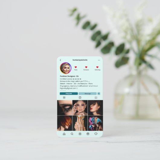 Mode Designer Instagram Mint Modern Visitekaartje (Staand voorkant)