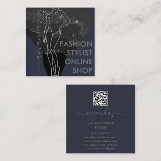 Mode Designer Logo QR Body VORM Stijl grijs Vierkante Visitekaartje (Voorkant / Achterkant)