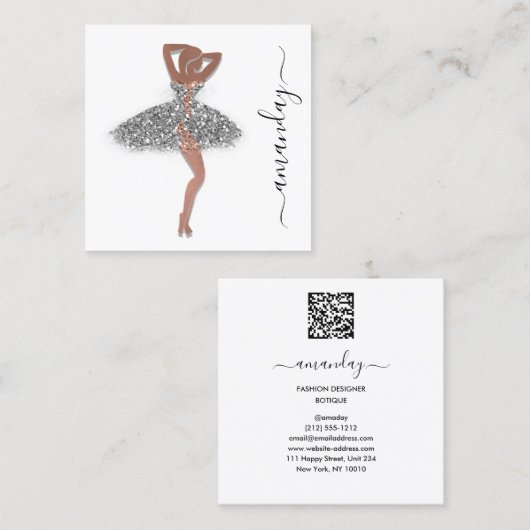 Mode Designer Winkelwinkel QRCode Logo RoseSilver Vierkante Visitekaartje (Voorkant / Achterkant)
