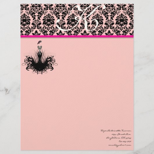 Mode Diva 2 Roze Framboos Monogram Damast Briefhoofd (Voorkant)
