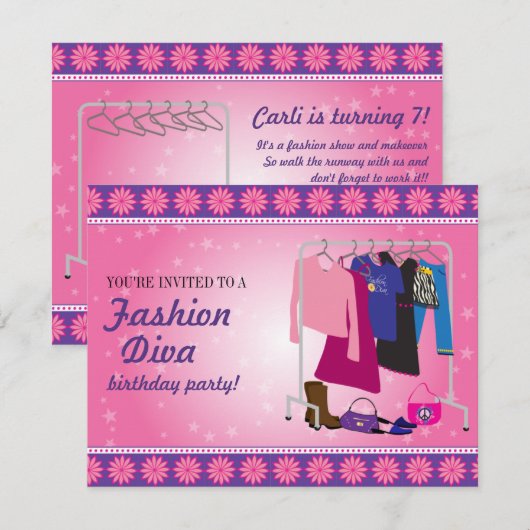 Mode Diva Birthday Party Kaart (Voorkant / Achterkant)