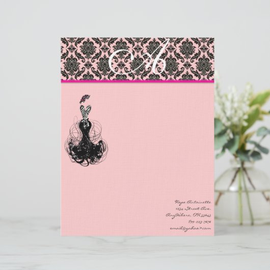 Mode Diva Pink Raspberry Monogram Damask Persoonlijk Briefhoofd (Staand voorkant)