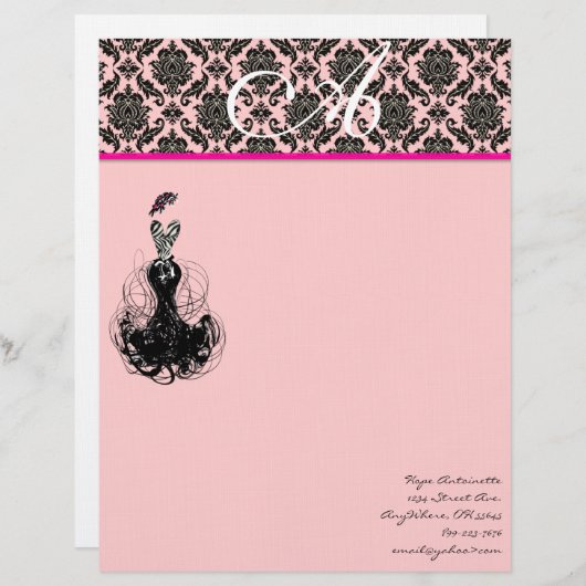 Mode Diva Pink Raspberry Monogram Damask Persoonlijk Briefhoofd (Voorkant / Achterkant)