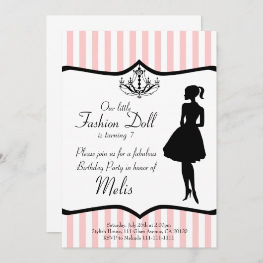 Mode Doll Party Invitation Kaart (Voorkant / Achterkant)