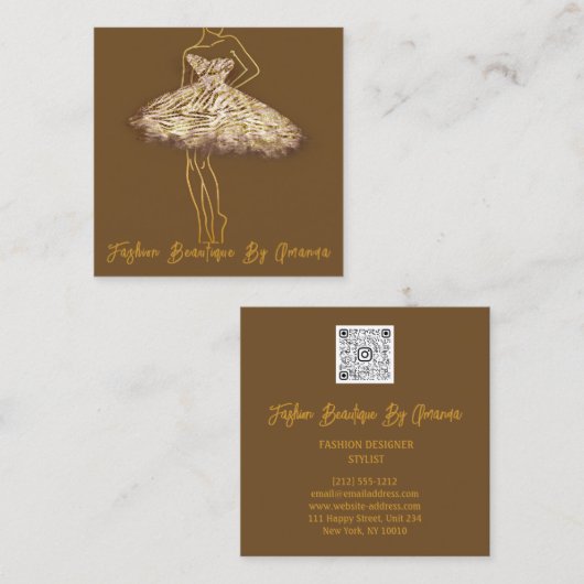 Mode Dress Logo QR Code Brown Roos Gold Dress Vierkante Visitekaartje (Voorkant / Achterkant)