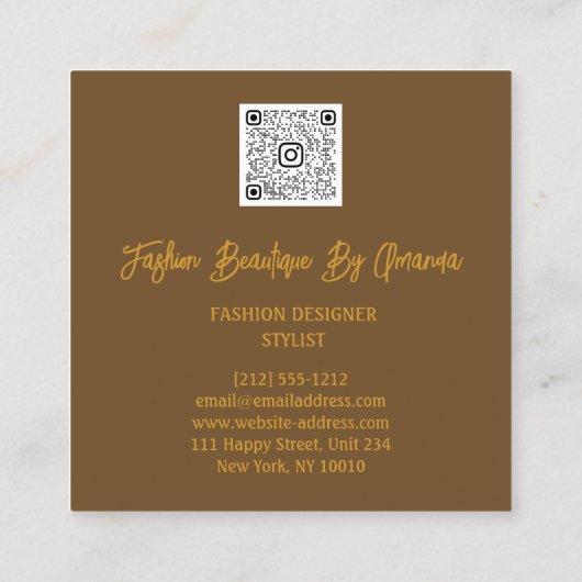 Mode Dress Logo QR Code Brown Roos Gold Dress Vierkante Visitekaartje (Achterkant)