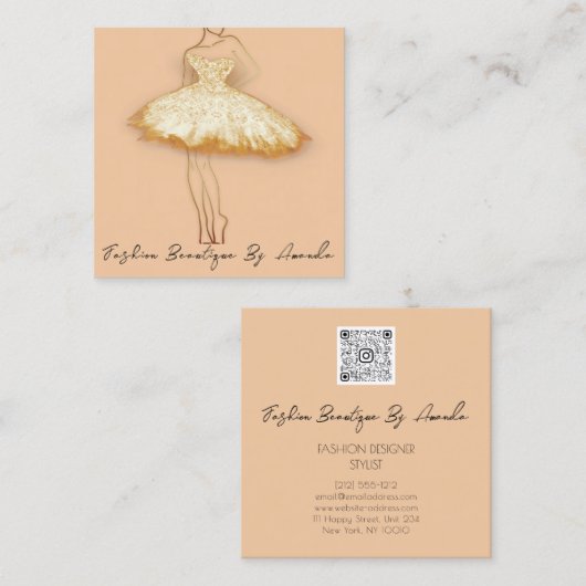 Mode Dress Logo QR-code Glitter Gold Glam Vierkante Visitekaartje (Voorkant / Achterkant)