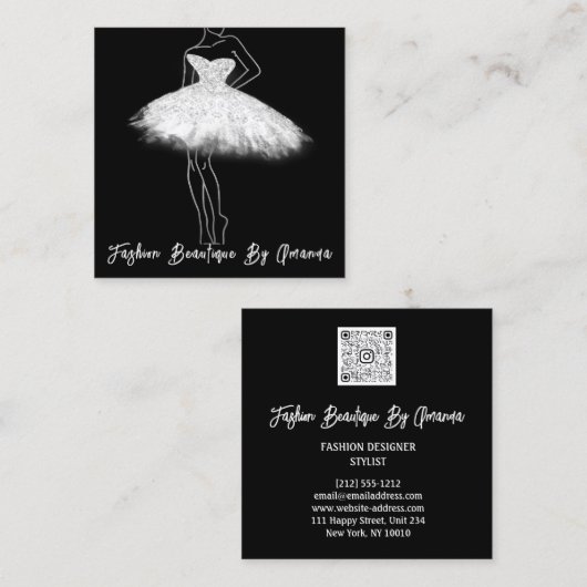 Mode Dress Logo QR-code Glitter Gray Silver Vierkante Visitekaartje (Voorkant / Achterkant)