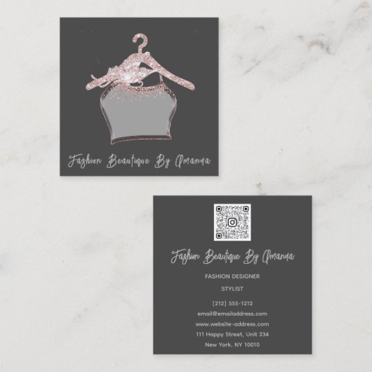 Mode Dress Logo QR-code Grijs Roos Glitter Vierkante Visitekaartje (Voorkant / Achterkant)