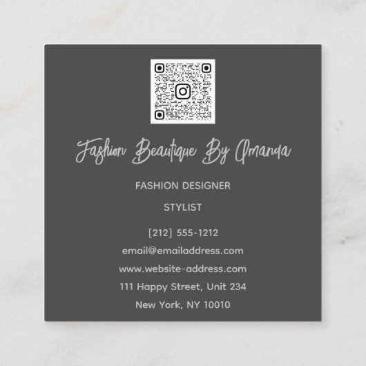 Mode Dress Logo QR-code Grijs Roos Glitter Vierkante Visitekaartje (Achterkant)