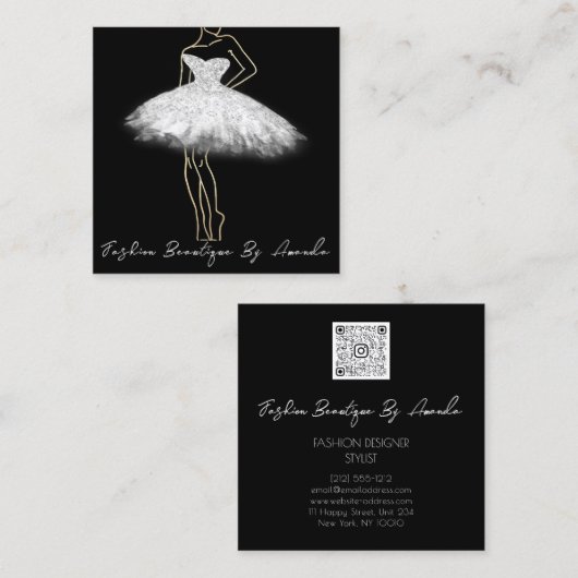Mode Dress Logo QR-code Silver Grey Black White Vierkante Visitekaartje (Voorkant / Achterkant)