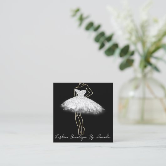 Mode Dress Logo QR-code Silver Grey Black White Vierkante Visitekaartje (Staand voorkant)