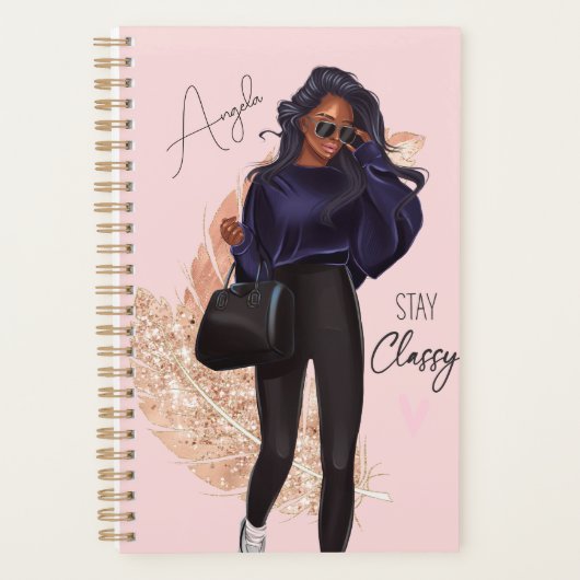 Mode Faux Glitter Girl Red Hair Brown Pink Planner (Voorkant)