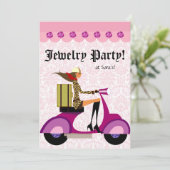 Mode feest uitnodiging scooter vrouw roze luipaard (Staand voorkant)