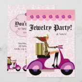 Mode feest uitnodiging scooter vrouw roze luipaard (Voorkant / Achterkant)
