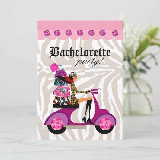 Mode Feest Uitnodiging Scooter Vrouw Zebra Zwart (Staand voorkant)