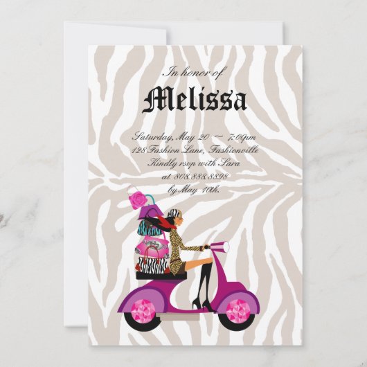 Mode Feest Uitnodiging Scooter Vrouw Zebra Zwart (Achterkant)