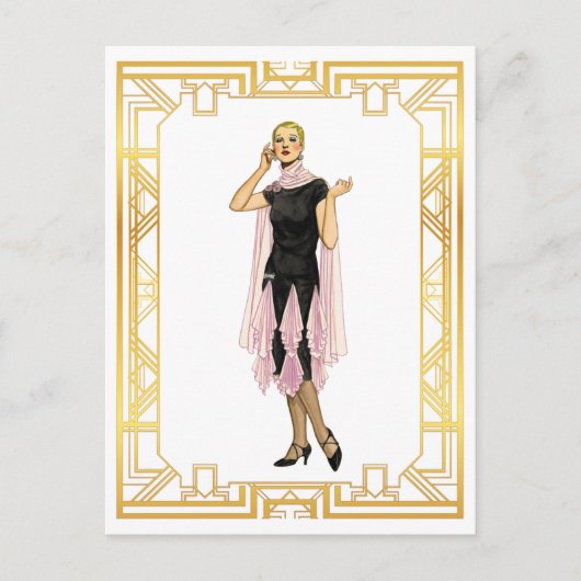  Mode Flapper Pink en Black Dress Briefkaart (Voorkant)