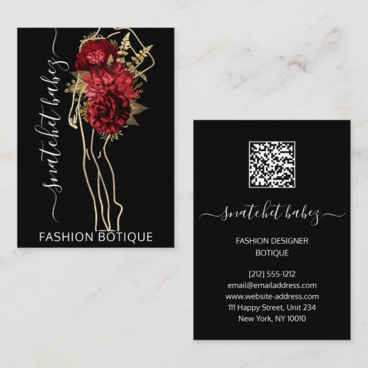 Mode Floral Black Gold Logo QR Stylist Body Visitekaartje (Voorkant / Achterkant)